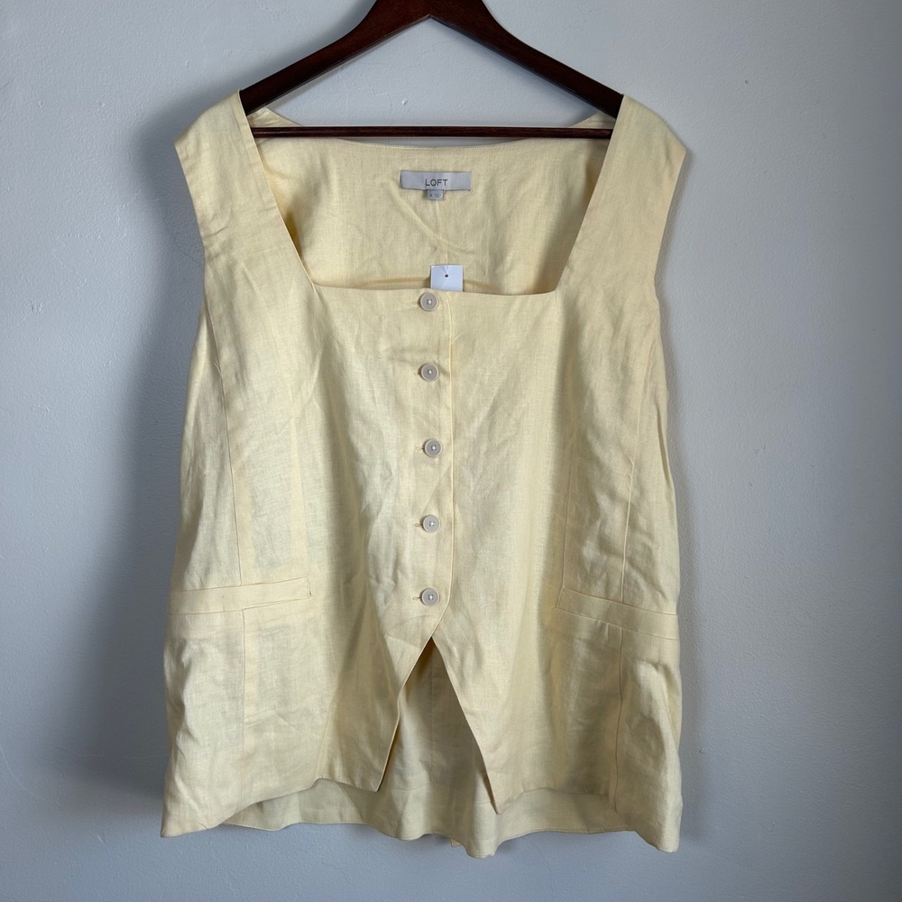 NWT LOFT Button Front Vest Women XL Pale Yellow Linen Blend Square Neck Tie Back